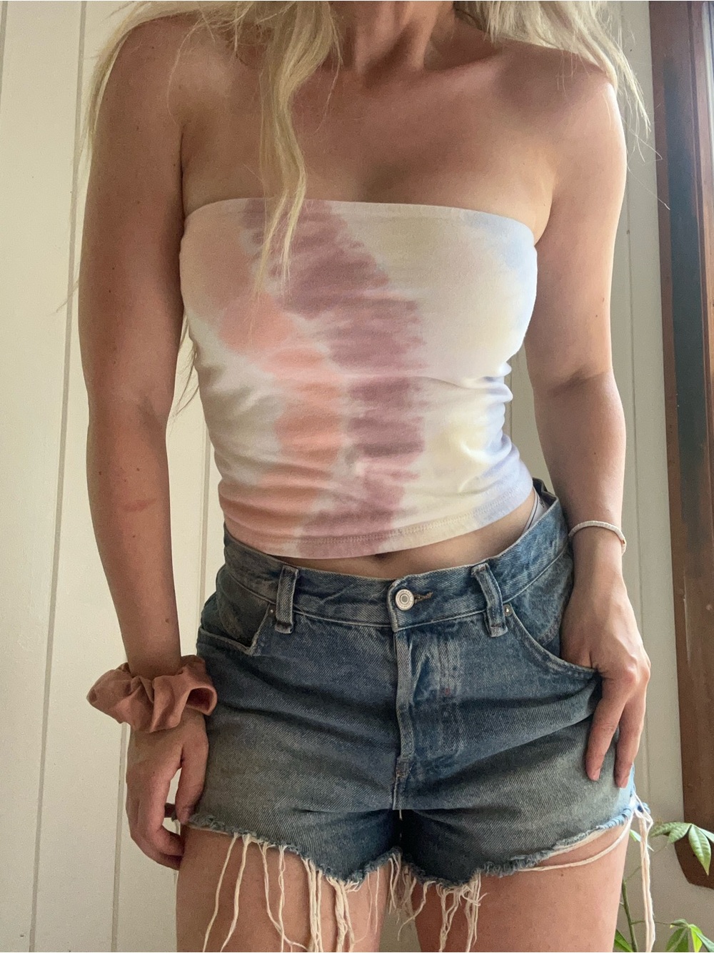 American Eagle Outfitters Pastel Tie-Dye Strapless Tube Top - Pink & Cream